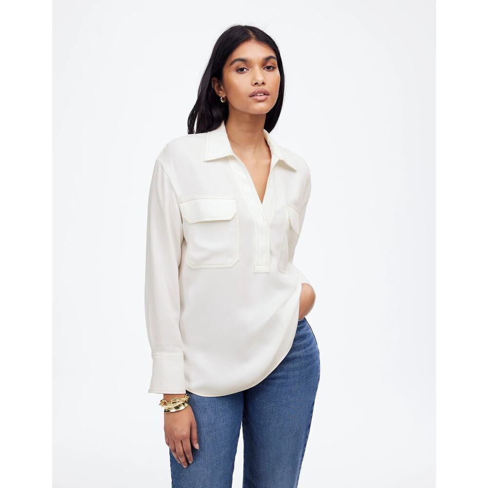 Madewell Contrast-Stitch Popover Shirt Long Sleeve Winter White Size Medium NWT